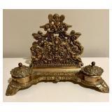 French Baroque Repousse Gilt Brass Inkwell Letter Stand with Cherub Details