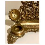 French Baroque Repousse Gilt Brass Inkwell Letter Stand with Cherub Details