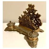 French Baroque Repousse Gilt Brass Inkwell Letter Stand with Cherub Details