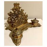 French Baroque Repousse Gilt Brass Inkwell Letter Stand with Cherub Details