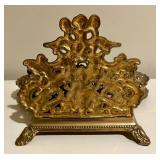 French Baroque Repousse Gilt Brass Inkwell Letter Stand with Cherub Details