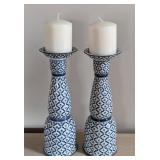 Pair of Maitland Smith Blue and White Metal Pilar Candleholders