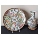 Beautiful Chinese Porcelain Rose Medallion Vase and Chinese Rose Medallion Plate
