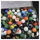 UNIQUE YELLOW AND BLUE TIN WITH MARBLES