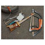 Lot of  Assorted Garden/Pruning Hand Tools - Husky Tree Saw, Tree Saw, Hand Saw, Bulb Planter, Small Hand Shovel, Steel Rake Head