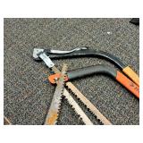 Lot of  Assorted Garden/Pruning Hand Tools - Husky Tree Saw, Tree Saw, Hand Saw, Bulb Planter, Small Hand Shovel, Steel Rake Head