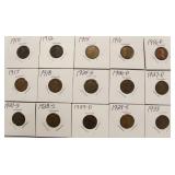 15 Semi Key Dates Wheat Back Pennies 1910 - 1933