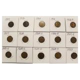 15 Semi Key Dates Wheat Back Pennies 1910 - 1933