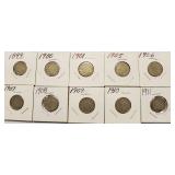 10 Liberty Head V- back Nickels 1899 - 1911