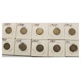 10 Liberty Head V- back Nickels 1899 - 1911