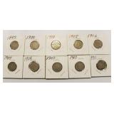 10 Liberty Head V- back Nickels 1899 - 1911