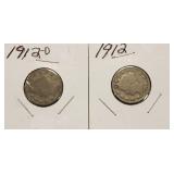 1912 and 1912-D Liberty Head V - Back Nickels