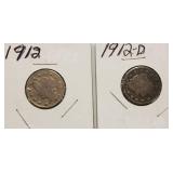 Nice 1912 & 1912 - D Liberty Head V - Back Nickels