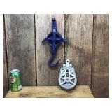 2 Vintage Restored Cast Iron Pulleys/Hook