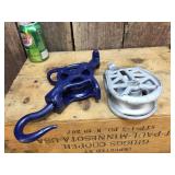 2 Vintage Restored Cast Iron Pulleys/Hook