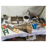 Huge Lot of Tools and Other Items - Hand Saws, Xmas Light Cord HOlders, Miter Box