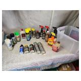Tote of Misc. Fluids: Spray Paint, Lubricant, Cleaner and More