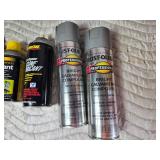 Tote of Misc. Fluids: Spray Paint, Lubricant, Cleaner and More