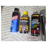 Tote of Misc. Fluids: Spray Paint, Lubricant, Cleaner and More