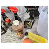 Tote of Misc. Fluids: Spray Paint, Lubricant, Cleaner and More