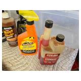 Tote of Misc. Fluids: Spray Paint, Lubricant, Cleaner and More