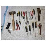 Misc. Lot of Tools: Screwdrivers, Hammer, Adjustable Wrenches, Small Pipe Wrench and More