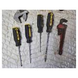 Misc. Lot of Tools: Screwdrivers, Hammer, Adjustable Wrenches, Small Pipe Wrench and More