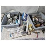 2 Plastic Bins full of Plumbing, Fasteners, Drawer Pulls and Other - Bins have cracks in bottom