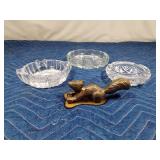 Cast iron squirrel nutcracker and 3 crystal ashtrays