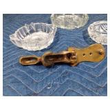 Cast iron squirrel nutcracker and 3 crystal ashtrays