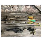 Compound Bear Hunter Bow, Padded Case, Extra Sight, 2 Releases, Quiver with 8 Arrows, Double sided Vest & Forearm Safety Strap