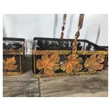 3 - Metal Baskets Painted Autumn Leaves Wire Wide Decorative Basket
