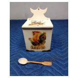 Antique salt wall hanging wood salt box with wooden spoon