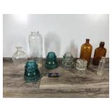 Lot of Vintage Bottles, Glass Insulators & Cobalt Blue Strain Insulator