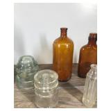Lot of Vintage Bottles, Glass Insulators & Cobalt Blue Strain Insulator