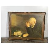 Old Man Praying Picture on Wood Slab - 12” across x 9.5” tall