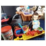 Tote of vintage toys and others