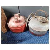 4 Vintage metal gas cans and a charcoal  burner