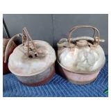4 Vintage metal gas cans and a charcoal  burner