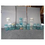 Vintage blue and clear Atlas, Festers, Mason canning jars (2 have patten dates)