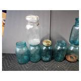 Vintage blue and clear Atlas, Festers, Mason canning jars (2 have patten dates)