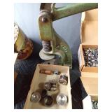 Upholstery button making tool and accessories