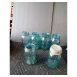 6 Vintage blue glass Ball canning jars with 1 vintage lid