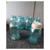6 Vintage blue glass Ball canning jars with 1 vintage lid