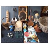 Lg basket of collectables, marble tic tac toe game and more