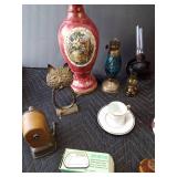 Vintage electric lamps, oil lamps, S&P shakerts, metal pencil sharpener, 11/418 Porcelain Empire cup & saucer, wood box and more