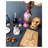Vintage electric lamps, oil lamps, S&P shakerts, metal pencil sharpener, 11/418 Porcelain Empire cup & saucer, wood box and more