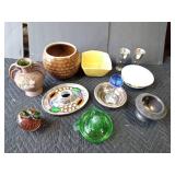 Shawnee planter, Victors Co. metal dish for Sheridon hotel, silver plated valero goblets, John Deere bowl, green Depression glass juicer and more juicer