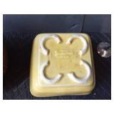 Shawnee planter, Victors Co. metal dish for Sheridon hotel, silver plated valero goblets, John Deere bowl, green Depression glass juicer and more juicer