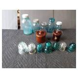 Green glass Ball canning jars, 1 Seafest jar with glass and metal lids, 2 crocks with lids, and green and clear insulators